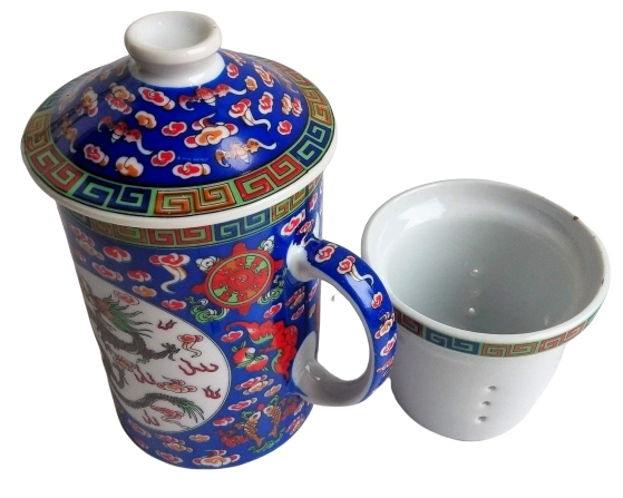 Кружка заварник для чая синяя, ситечко, дракон, 13 см